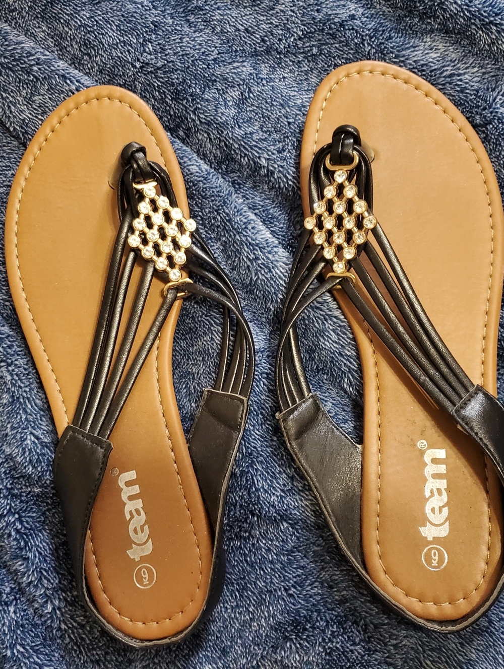 Size 9 Black Sandals With Gold Rhinestone Embellishment.